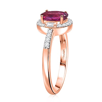Luxuriant Premium Bixbite (LG) and White Zircon 1.50 ctw Halo Ring in 18K Vermeil Rose Gold Over Sterling Silver (Size 10.0)