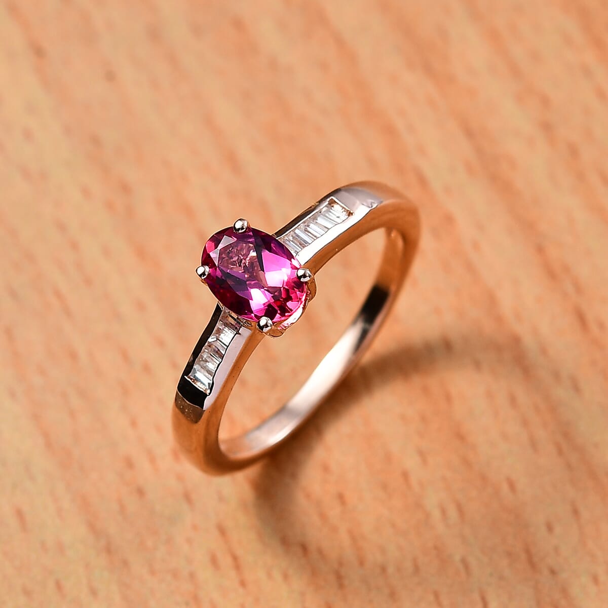 Luxuriant Bixbite (LG) and White Zircon 1.10 ctw Ring in 18K Vermeil Rose Gold Over Sterling Silver (Size 6.0) image number 1