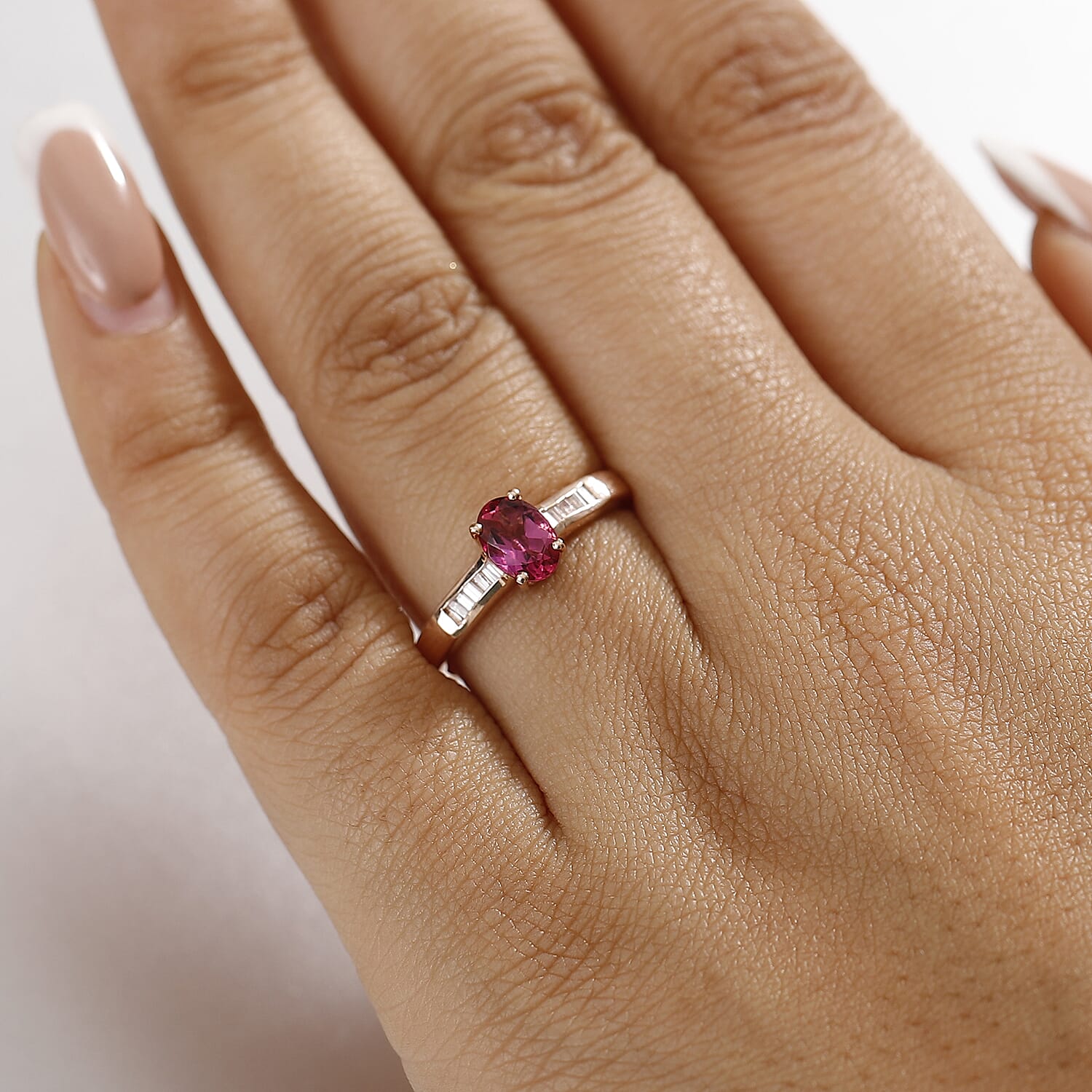 Luxuriant Bixbite (LG) and White Zircon 1.10 ctw Ring in 18K Vermeil Rose Gold Over Sterling Silver (Size 7.0)