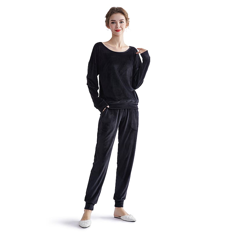 Hanton Black Soft Velvet 2 Piece Round Neck Top and Jogger Set - S