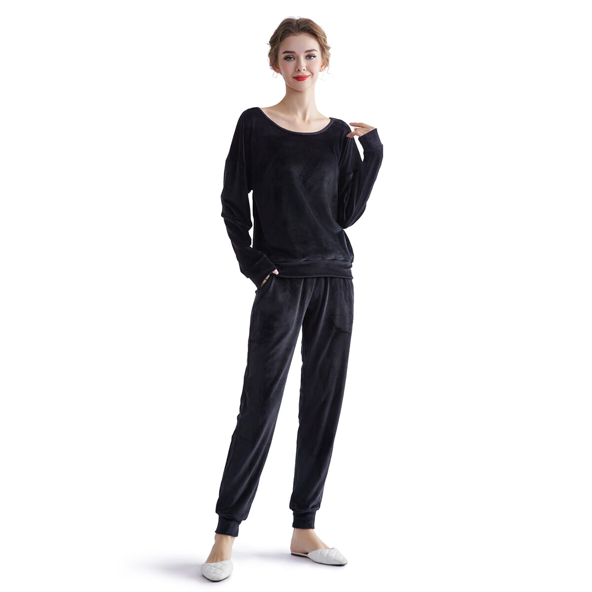 Hanton Black Soft Velvet 2 Piece Round Neck Top and Jogger Set - L image number 0