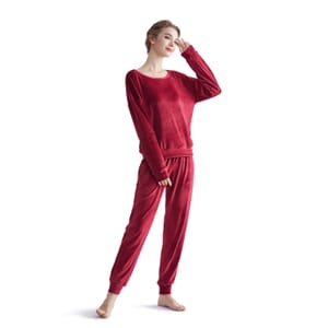 Hanton Brick Soft Velvet 2 Piece Round Neck Top and Jogger Set - L