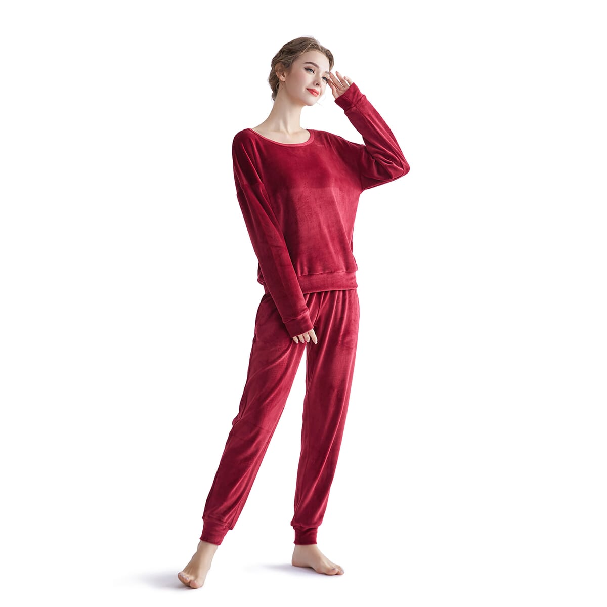 Hanton Brick Red Soft Velvet 2 Piece Round Neck Top and Jogger Set - XXL image number 0