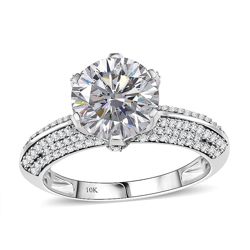 Luxoro 10K White Gold Moissanite (Rnd 10mm) Crown Ring (Size 10.5) 5.60 ctw