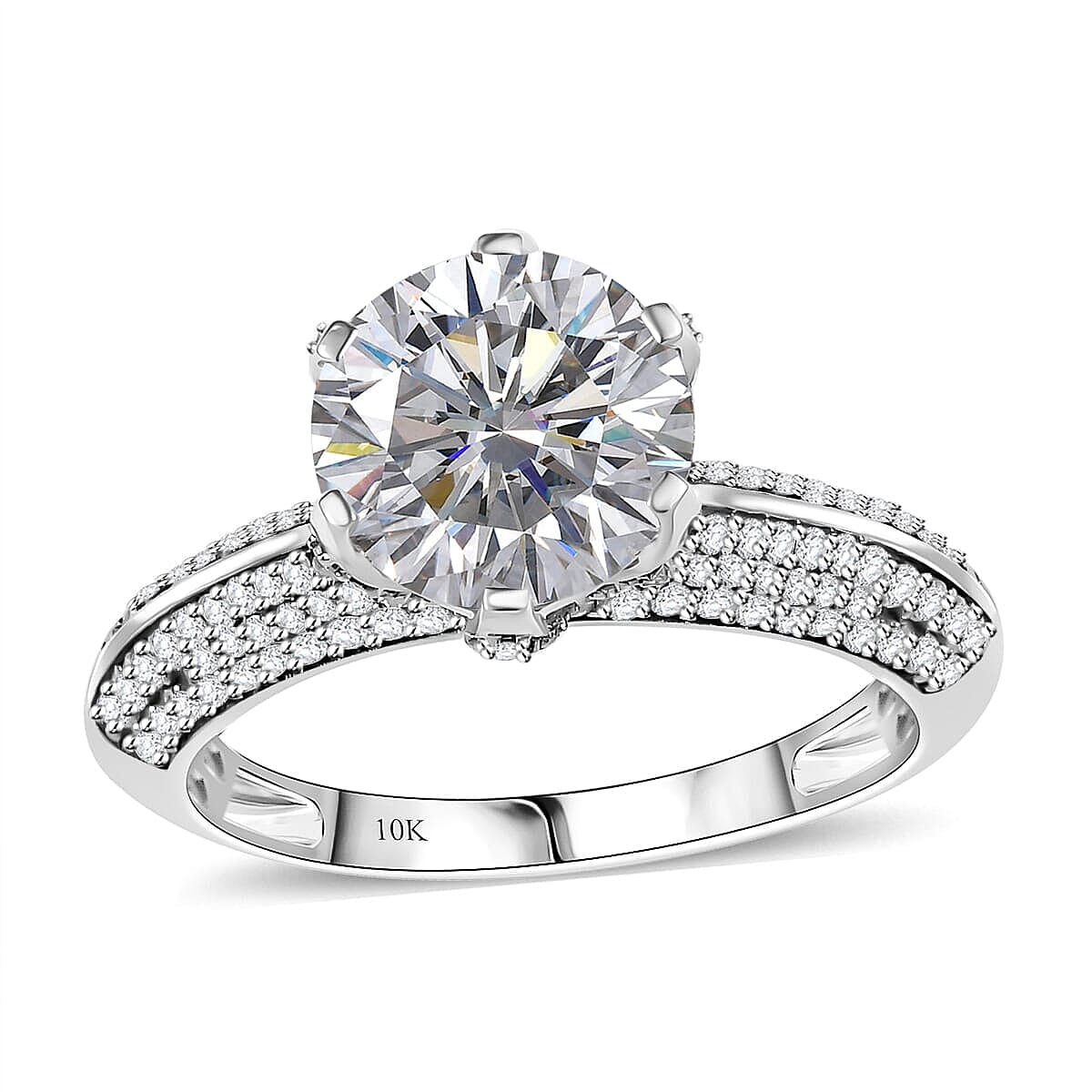 Luxoro 10K White Gold Moissanite (Rnd 10mm) Crown Ring (Size 5.0) 5.60 ctw image number 0