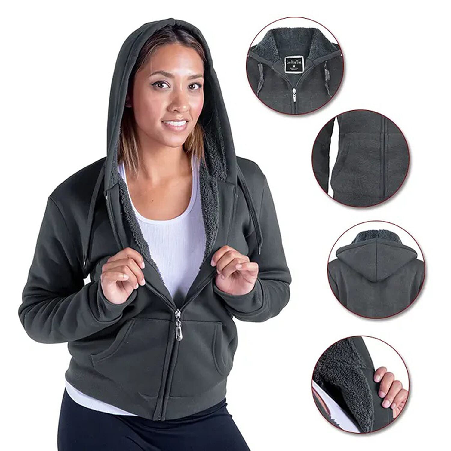 Hanton Dark Grey Sherpa Lined Zip Front Hoodie - S
