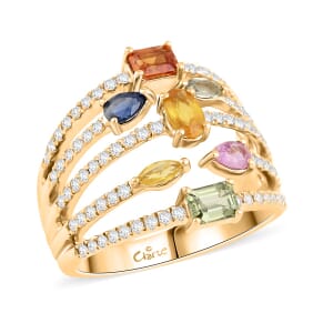 Baroque Collection Multi Sapphire and Moissanite 1.75 ctw Ring in 14K Yellow Gold Over Sterling Silver (Size 10.0)