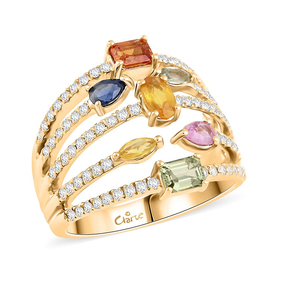 Multi Sapphire and Moissanite 1.75 ctw Ring in 14K Yellow Gold Over Sterling Silver (Size 7.0) image number 0