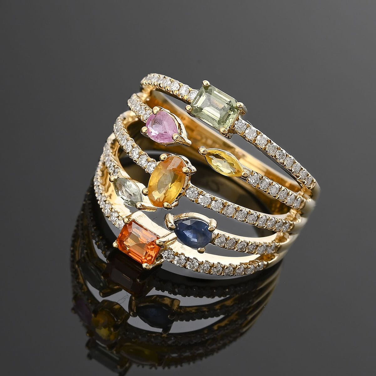 Multi Sapphire and Moissanite 1.75 ctw Ring in 14K Yellow Gold Over Sterling Silver (Size 7.0) image number 1