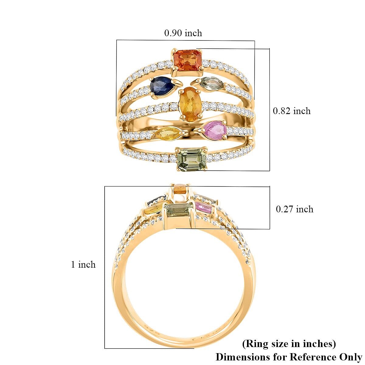 Multi Sapphire and Moissanite 1.75 ctw Ring in 14K Yellow Gold Over Sterling Silver (Size 7.0) image number 5