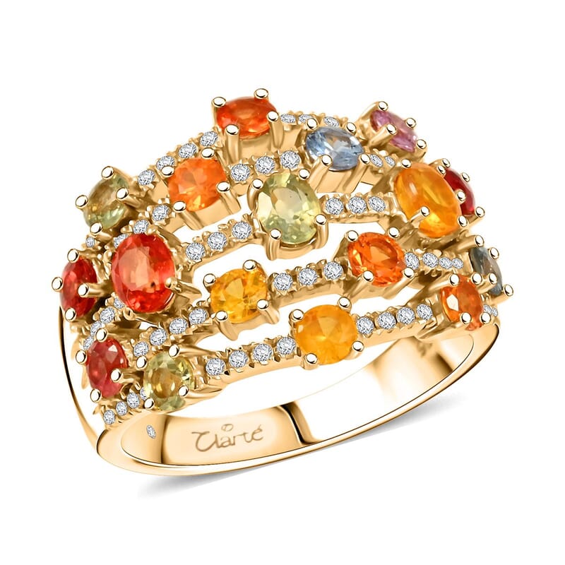 Clarte Baroque Collection Multi Sapphire and Moissanite 2.60 ctw Ring in 14K Yellow Gold Over Sterling Silver (Size 10.0)