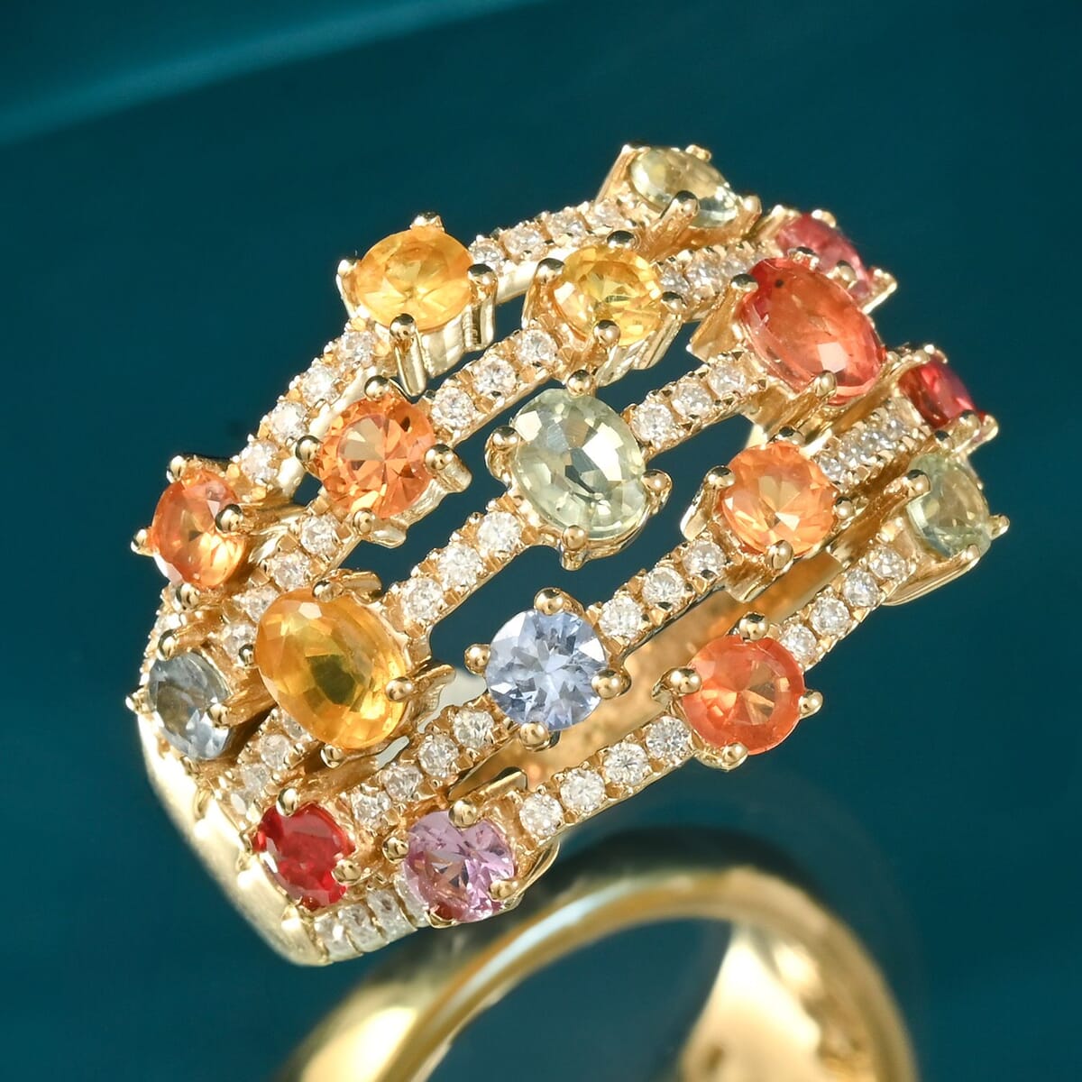 Clarte Baroque Collection Multi Sapphire and Moissanite 2.60 ctw Ring in 14K Yellow Gold Over Sterling Silver (Size 6.0) image number 1
