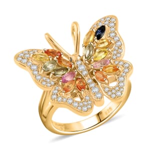 Clarte Flutter Collection Multi Sapphire, Black and White Moissantie 1.60 ctw Ring in 14K Yellow Gold Over Sterling Silver (Size 10.0)