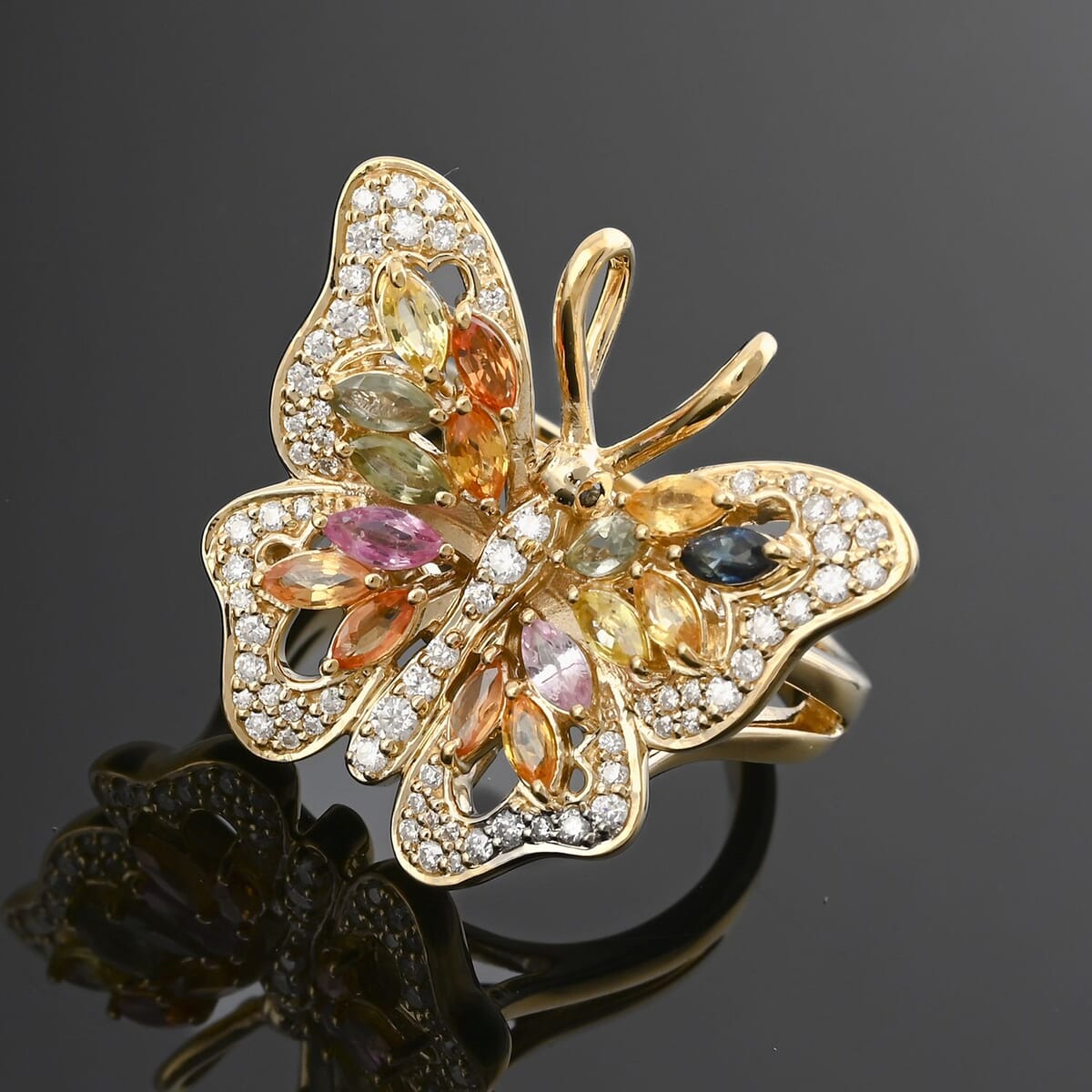 Clarte Flutter Collection Multi Sapphire, Black and White Moissantie 1.60 ctw Ring in 14K Yellow Gold Over Sterling Silver (Size 6.0) image number 1