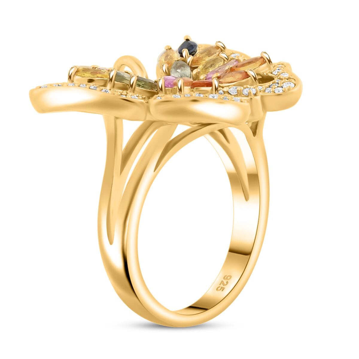 Clarte Flutter Collection Multi Sapphire, Black and White Moissantie 1.60 ctw Ring in 14K Yellow Gold Over Sterling Silver (Size 6.0) image number 3