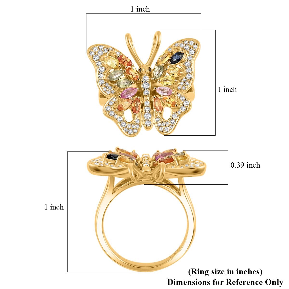 Clarte Flutter Collection Multi Sapphire, Black and White Moissantie 1.60 ctw Ring in 14K Yellow Gold Over Sterling Silver (Size 6.0) image number 4