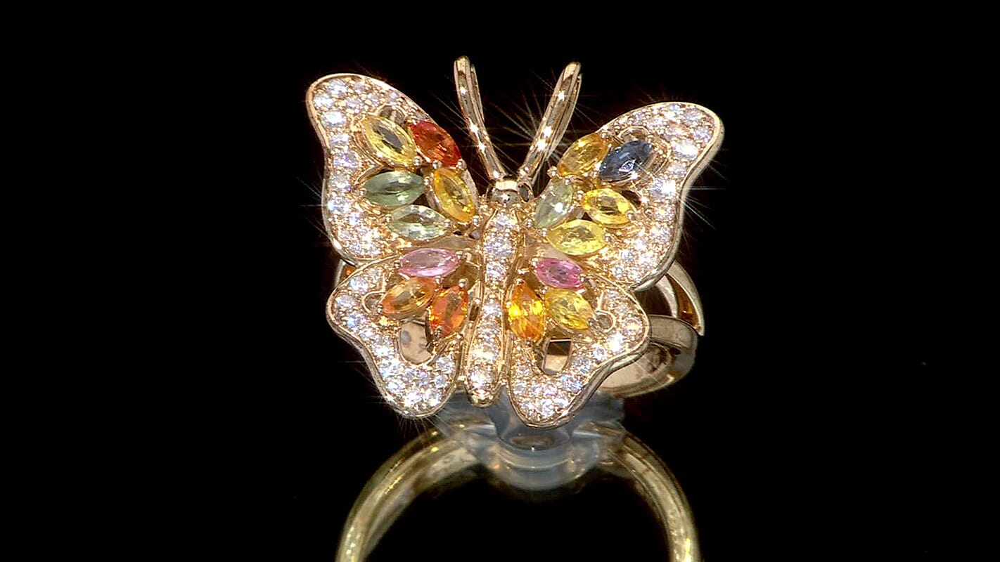 Clarte Flutter Collection Multi Sapphire, Black and White Moissantie Ring in 14K YG Over Sterling Silver (Size 10.0) 1.60 ctw