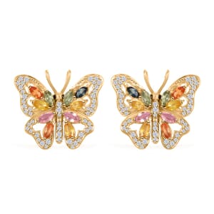 Clarte Flutter Collection Multi Sapphire, Black and White Moissantie 1.85 ctw Earrings in 14K Yellow Gold Over Sterling Silver