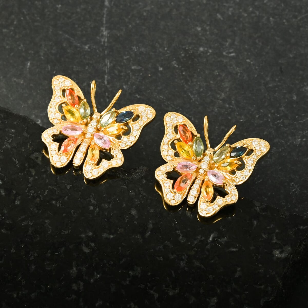 Clarte Flutter Collection Multi Sapphire, Black and White Moissantie 1.85 ctw Earrings in 14K Yellow Gold Over Sterling Silver image number 1