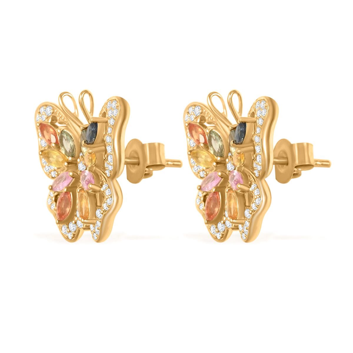 Clarte Flutter Collection Multi Sapphire, Black and White Moissantie 1.85 ctw Earrings in 14K Yellow Gold Over Sterling Silver image number 3