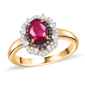 Premium Mozambique Ruby, Natural Champagne and White Diamond 1.35 ctw Regal Bloom Ring in 18K Vermeil Yellow Gold Over Sterling Silver (Size 10.0)