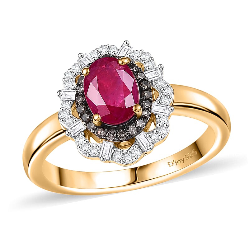 D'Joy Premium Montepuez Ruby, Natural Champagne and White Diamond 1.35 ctw Regal Bloom Ring in 18K Vermeil Yellow Gold Over Sterling Silver (Size 10.0)
