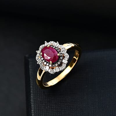 D'Joy Premium Montepuez Ruby, Natural Champagne and White Diamond 1.35 ctw Regal Bloom Ring in 18K Vermeil Yellow Gold Over Sterling Silver (Size 10.0)