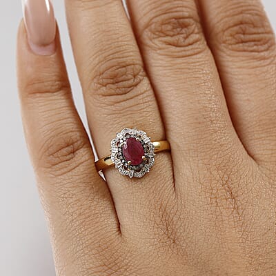 D'Joy Premium Montepuez Ruby, Natural Champagne and White Diamond 1.35 ctw Regal Bloom Ring in 18K Vermeil Yellow Gold Over Sterling Silver (Size 10.0)