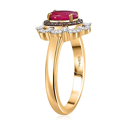 D'Joy Premium Montepuez Ruby, Natural Champagne and White Diamond 1.35 ctw Regal Bloom Ring in 18K Vermeil Yellow Gold Over Sterling Silver (Size 10.0)