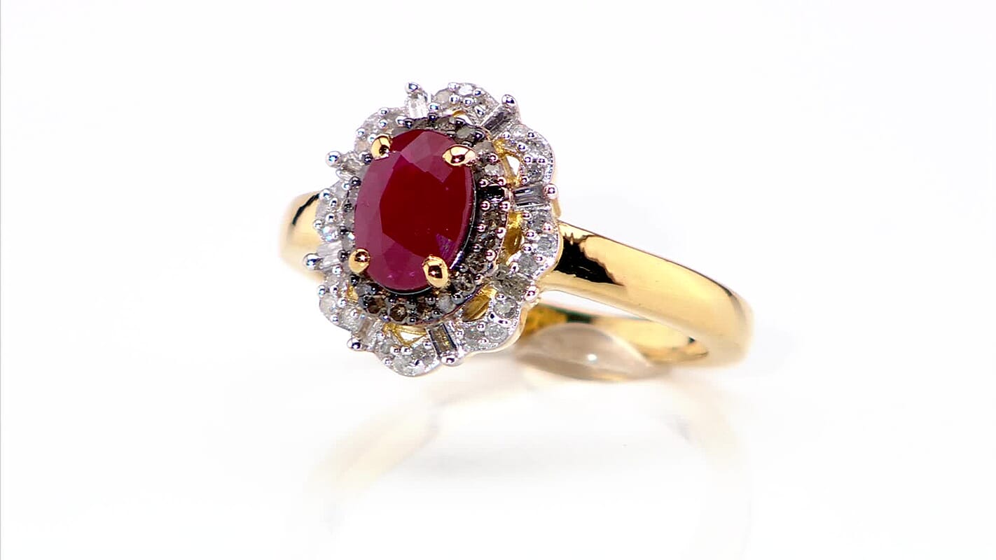 Premium Mozambique Ruby, Natural Champagne and White Diamond (0.25 cts) Ring in 18K Vermeil YG Over Sterling Silver (Size 7.0) 1.80 ctw