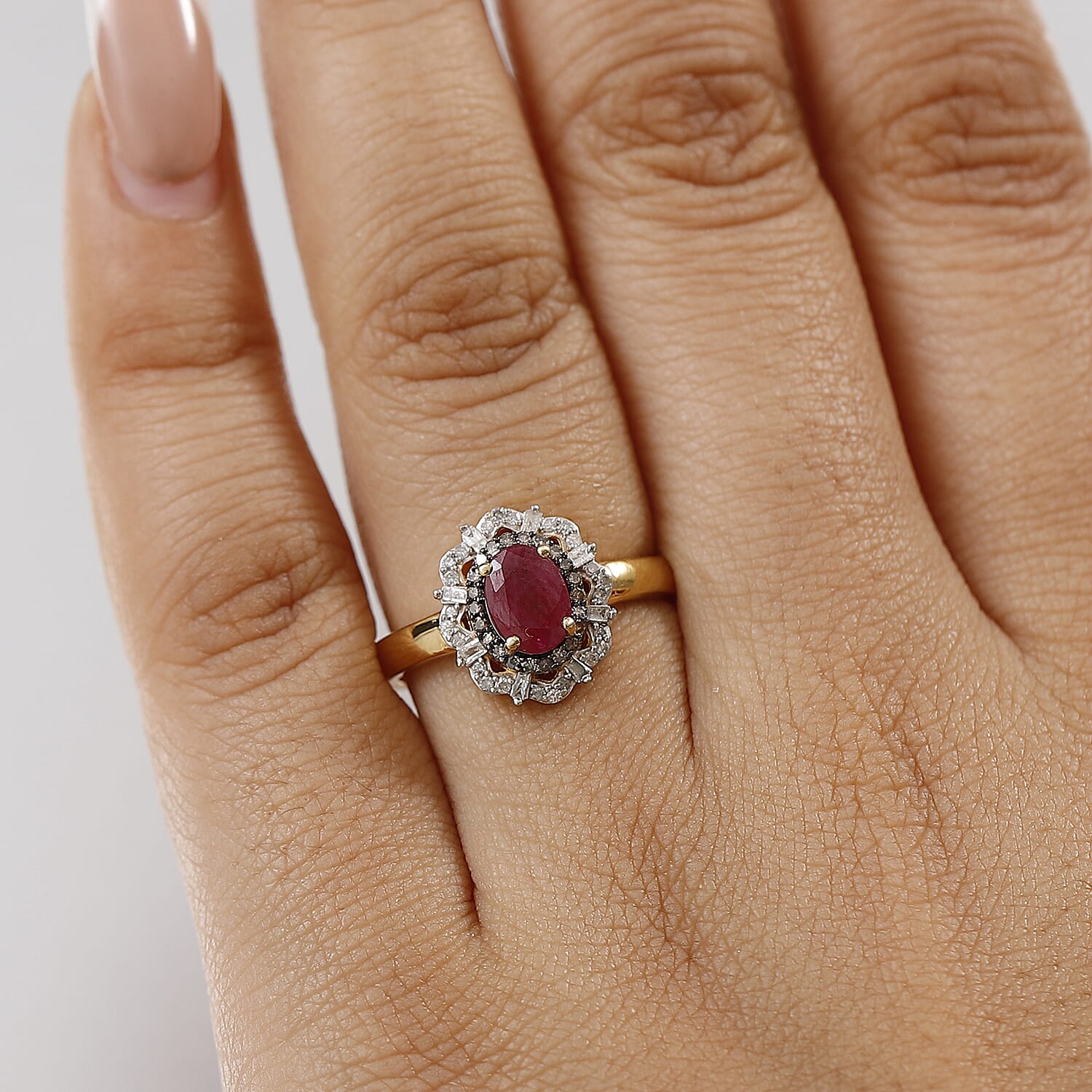 D'Joy Premium Montepuez Ruby, Natural Champagne and White Diamond 1.35 ctw Regal Bloom Ring in 18K Vermeil Yellow Gold Over Sterling Silver (Size 7.0)