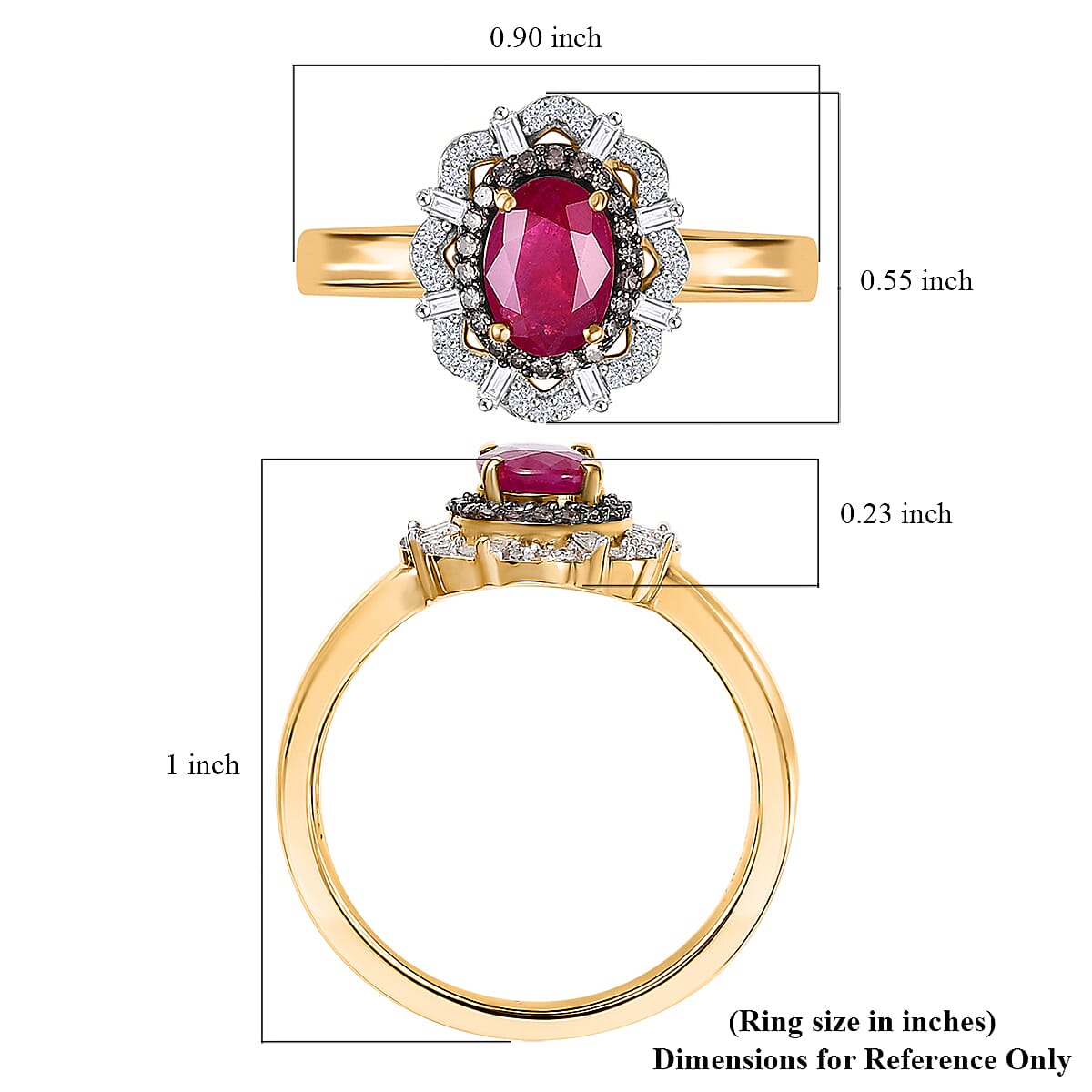 D'Joy Premium Montepuez Ruby, Natural Champagne and White Diamond 1.35 ctw Regal Bloom Ring in 18K Vermeil Yellow Gold Over Sterling Silver (Size 7.0)