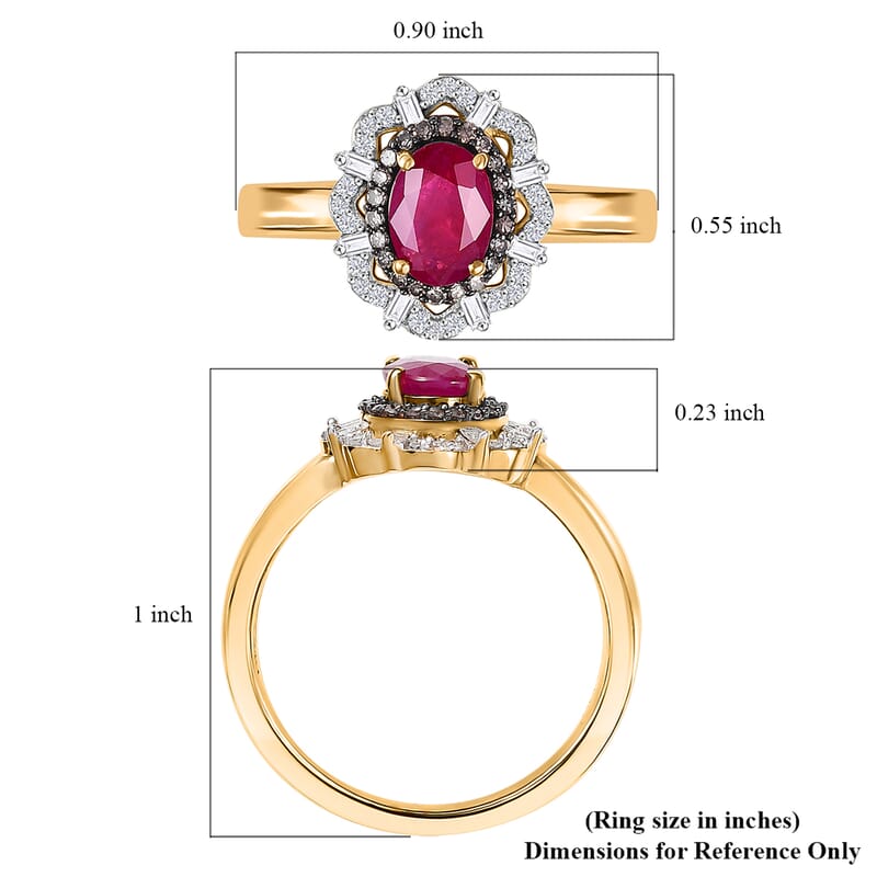 D'Joy Premium Montepuez Ruby, Natural Champagne and White Diamond 1.35 ctw Regal Bloom Ring in 18K Vermeil Yellow Gold Over Sterling Silver (Size 7.0)