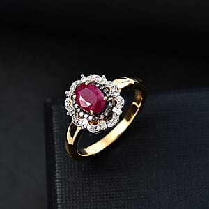 D'Joy Premium Montepuez Ruby, Natural Champagne and White Diamond 1.35 ctw Regal Bloom Ring in 18K Vermeil Yellow Gold Over Sterling Silver (Size 9.0)