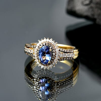 D'Joy Tanzanite, Natural Champagne and White Diamond 1.30 ctw Radiant Sunburst Ring in 18K Vermeil Yellow Gold Over Sterling Silver (Size 10.0)
