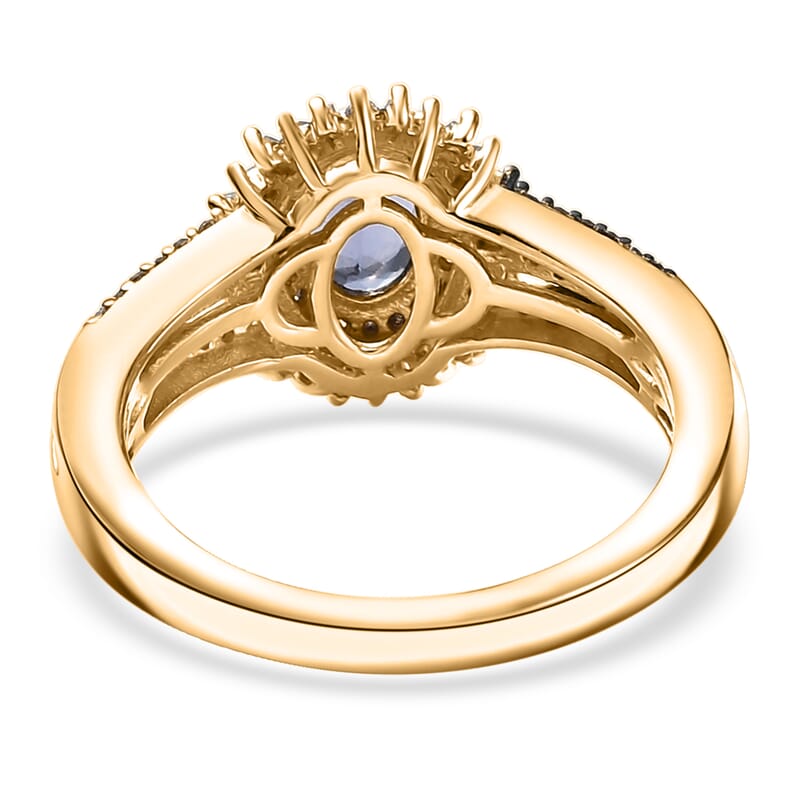D'Joy Tanzanite, Natural Champagne and White Diamond 1.30 ctw Radiant Sunburst Ring in 18K Vermeil Yellow Gold Over Sterling Silver (Size 10.0)