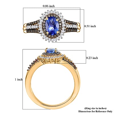 D'Joy Tanzanite, Natural Champagne and White Diamond 1.30 ctw Radiant Sunburst Ring in 18K Vermeil Yellow Gold Over Sterling Silver (Size 10.0)