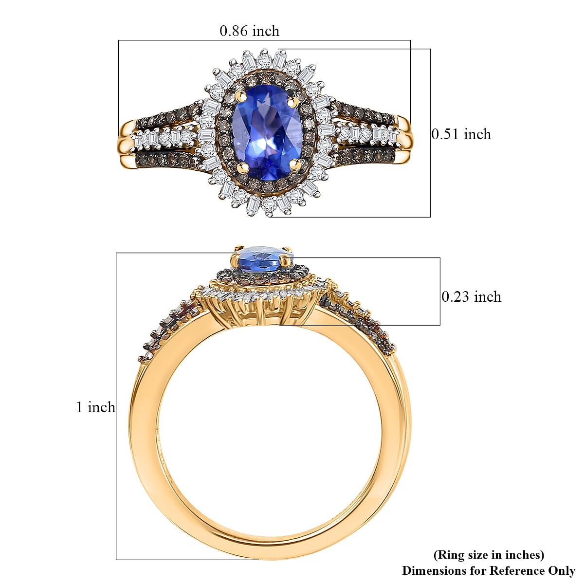 D'Joy Tanzanite, Natural Champagne and White Diamond 1.30 ctw Radiant Sunburst Ring in 18K Vermeil Yellow Gold Over Sterling Silver (Size 6.0) image number 5