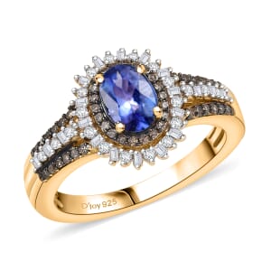 D'Joy Tanzanite, Natural Champagne and White Diamond 1.30 ctw Radiant Sunburst Ring in 18K Vermeil Yellow Gold Over Sterling Silver (Size 7.0)