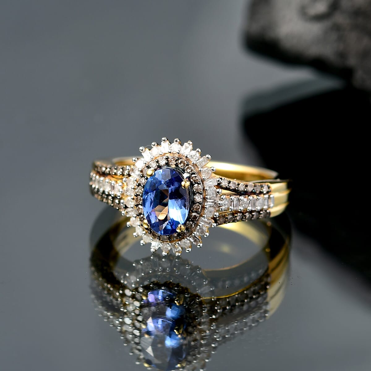 D'Joy Tanzanite, Natural Champagne and White Diamond (0.47 cts) Ring in 18K Vermeil YG Over Sterling Silver (Size 10.0) 1.30 ctw image number 1