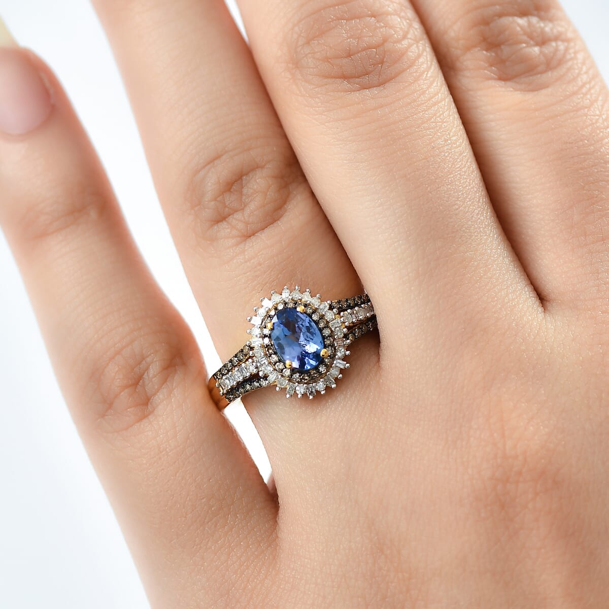 D'Joy Tanzanite, Natural Champagne and White Diamond (0.47 cts) Ring in 18K Vermeil YG Over Sterling Silver (Size 10.0) 1.30 ctw image number 2