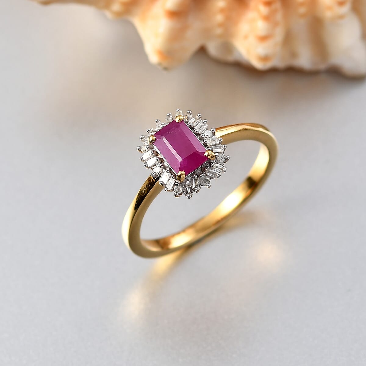D'Joy AAA Royal Ruby and Diamond 0.90 ctw Halo Ring in 18K Vermeil Yellow Gold Over Sterling Silver (Size 9.0) image number 1