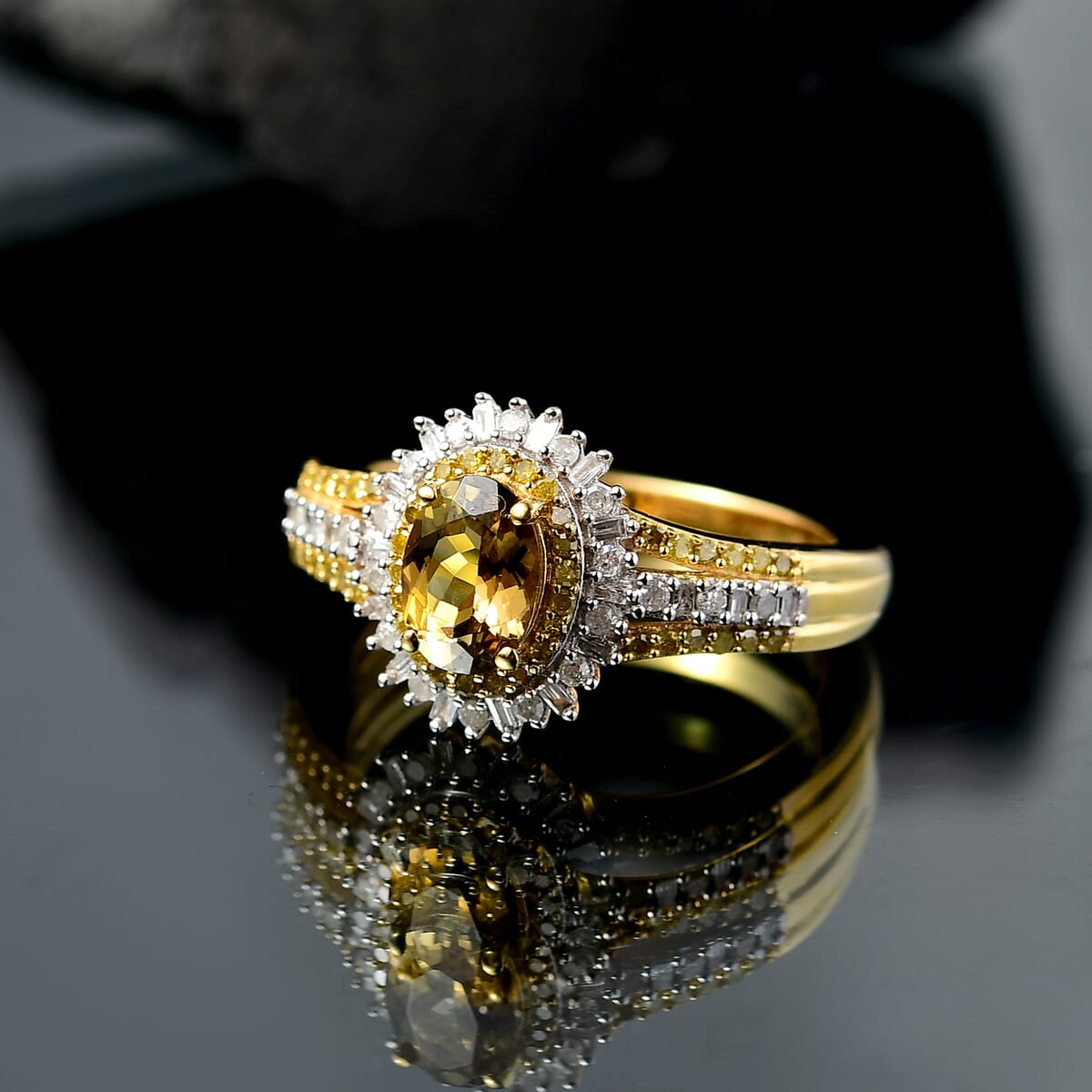 D'Joy Golden Tanzanite, Yellow and White Diamond 1.35 ctw Radiant Sunburst Ring in 18K Vermeil Yellow Gold Over Sterling Silver (Size 7.0) image number 1