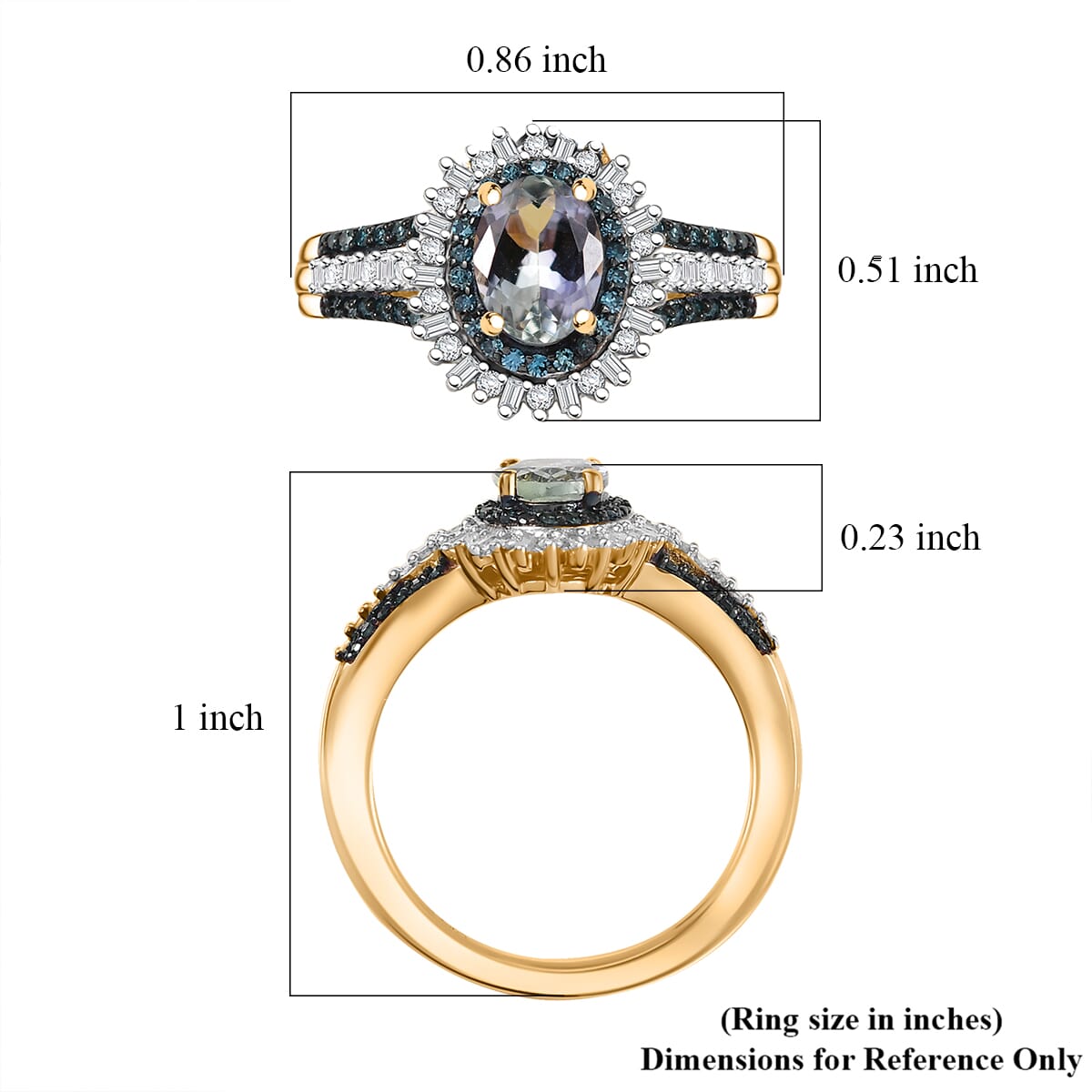 D'Joy Golden Tanzanite, Yellow and White Diamond 1.35 ctw Radiant Sunburst Ring in 18K Vermeil Yellow Gold Over Sterling Silver (Size 7.0) image number 5