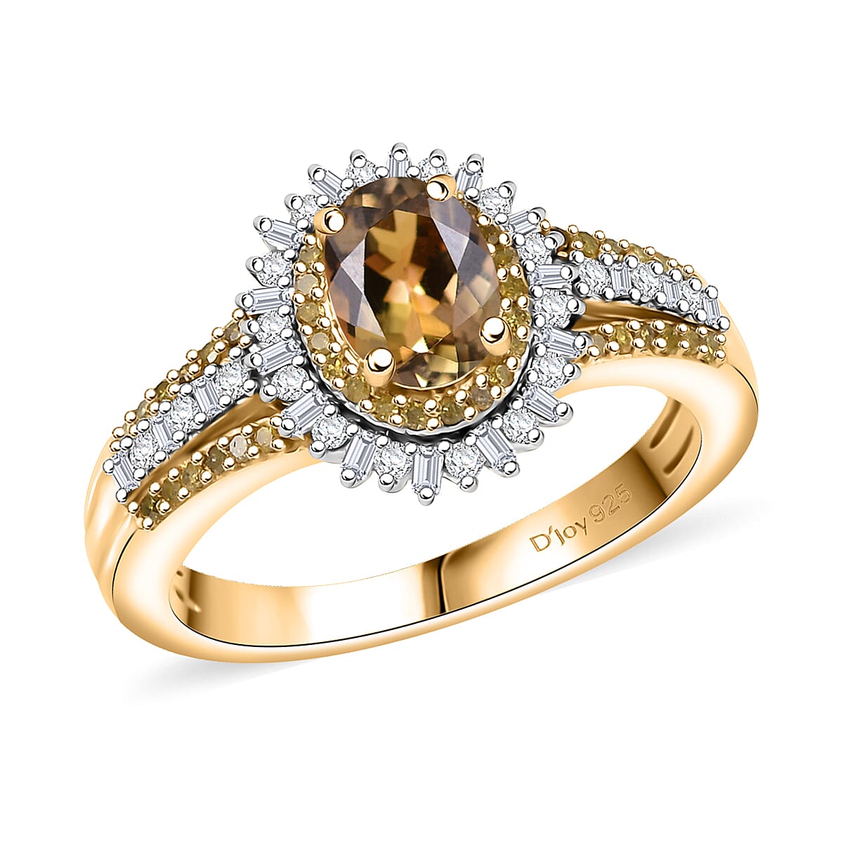 D'Joy Golden Tanzanite, Yellow and White Diamond 1.35 ctw Radiant Sunburst Ring in 18K Vermeil Yellow Gold Over Sterling Silver (Size 9.0) image number 0