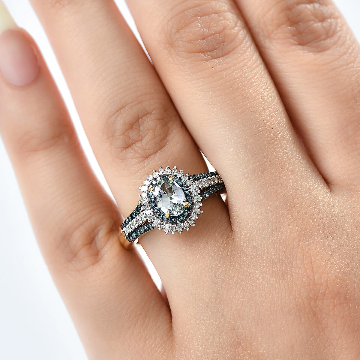 D'Joy Peacock Tanzanite, Blue and White Diamond 1.35 ctw Radiant Sunburst Ring in 18K Vermeil Yellow Gold Over Sterling Silver (Size 10.0) image number 2