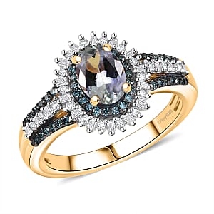 D'Joy Peacock Tanzanite, Blue and White Diamond 1.35 ctw Radiant Sunburst Ring in 18K Vermeil Yellow Gold Over Sterling Silver (Size 8.0)