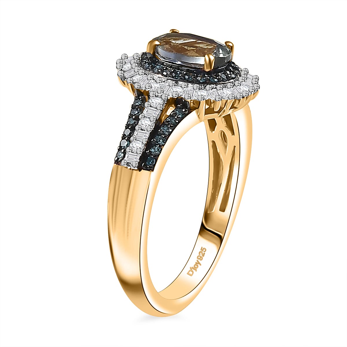 D'Joy Peacock Tanzanite, Blue and White Diamond 1.35 ctw Radiant Sunburst Ring in 18K Vermeil Yellow Gold Over Sterling Silver (Size 8.0) image number 3