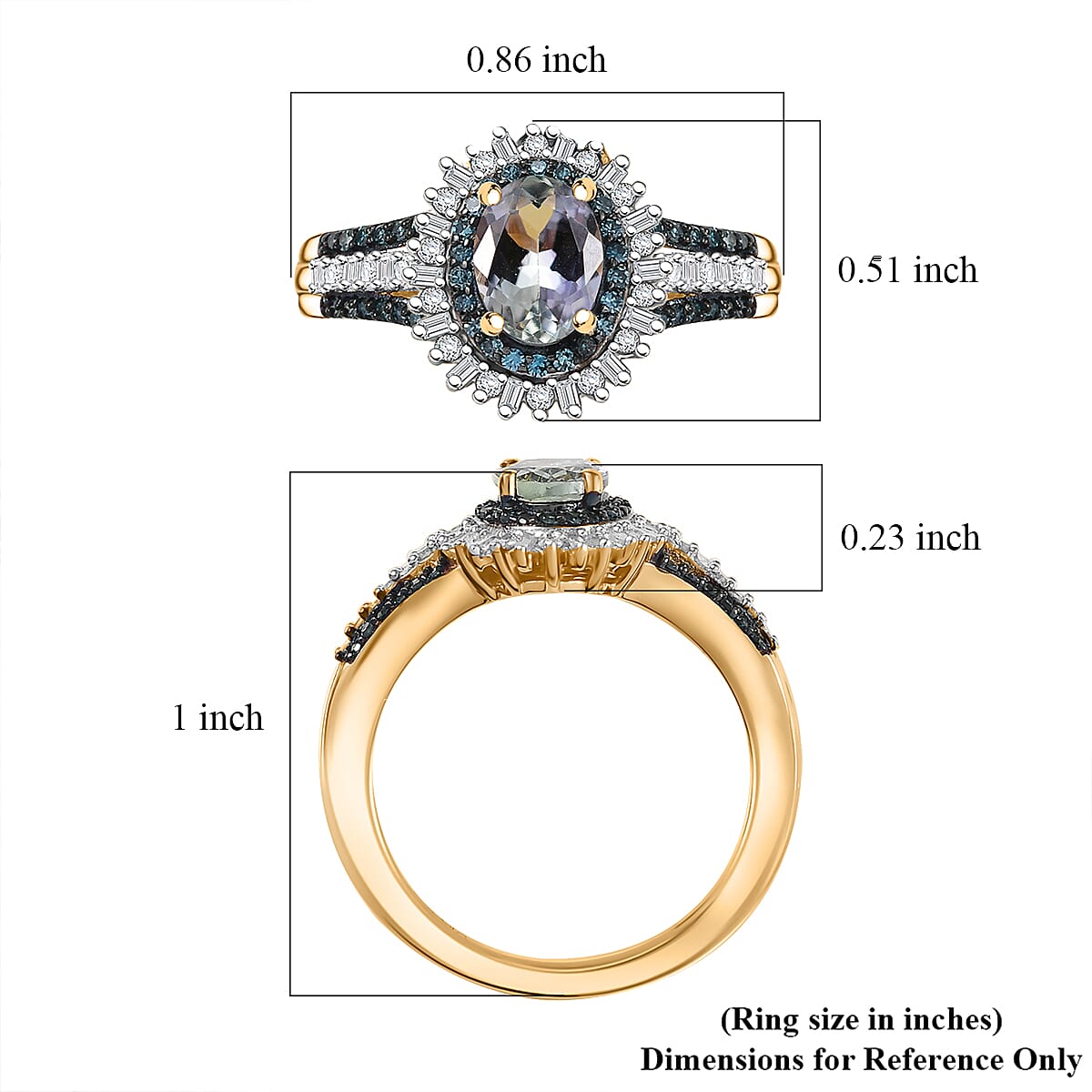 D'Joy Peacock Tanzanite, Blue and White Diamond 1.35 ctw Radiant Sunburst Ring in 18K Vermeil Yellow Gold Over Sterling Silver (Size 8.0) image number 5