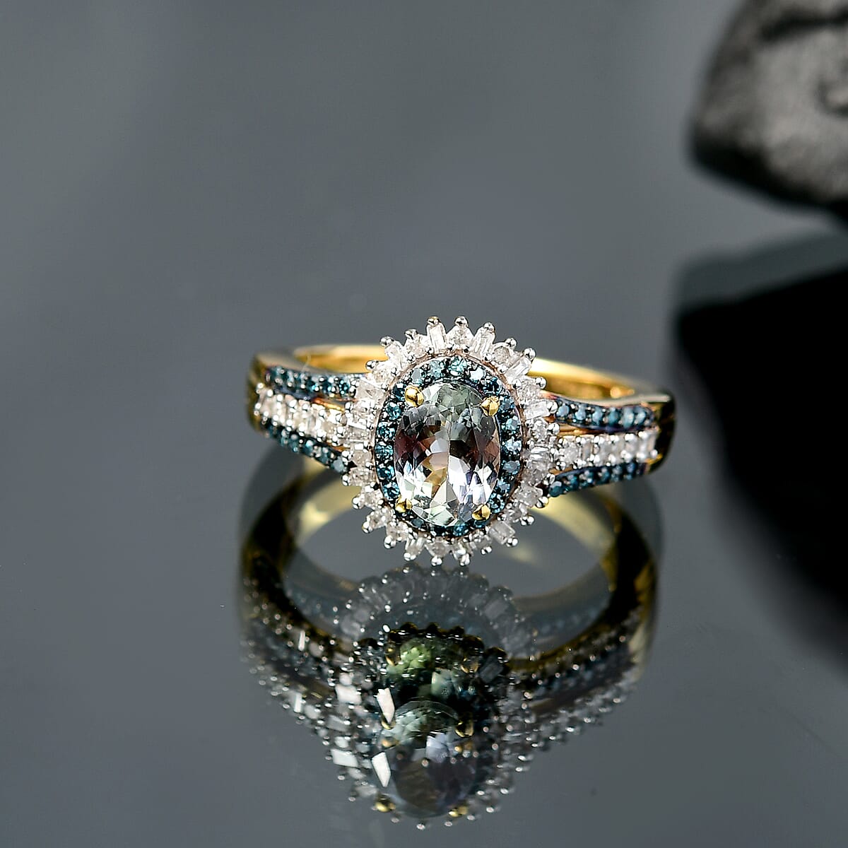 D'Joy Peacock Tanzanite, Blue and White Diamond 1.35 ctw Radiant Sunburst Ring in 18K Vermeil Yellow Gold Over Sterling Silver (Size 9.0) image number 1